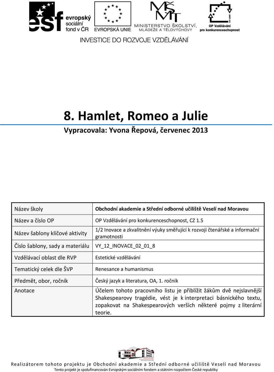 dle RVP Tematický celek dle ŠVP Předmět, obor, ročník Anotace Estetické vzdělávání Renesance a humanismus Český jazyk a literatura, OA, 1.