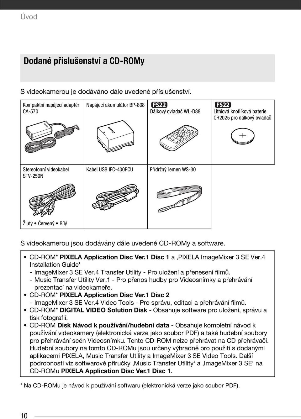 Přídržný řemen WS-30 Žlutý Červený Bílý S videokamerou jsou dodávány dále uvedené CD-ROMy a software. CD-ROM* PIXELA Application Disc Ver.1 Disc 1 a PIXELA ImageMixer 3 SE Ver.