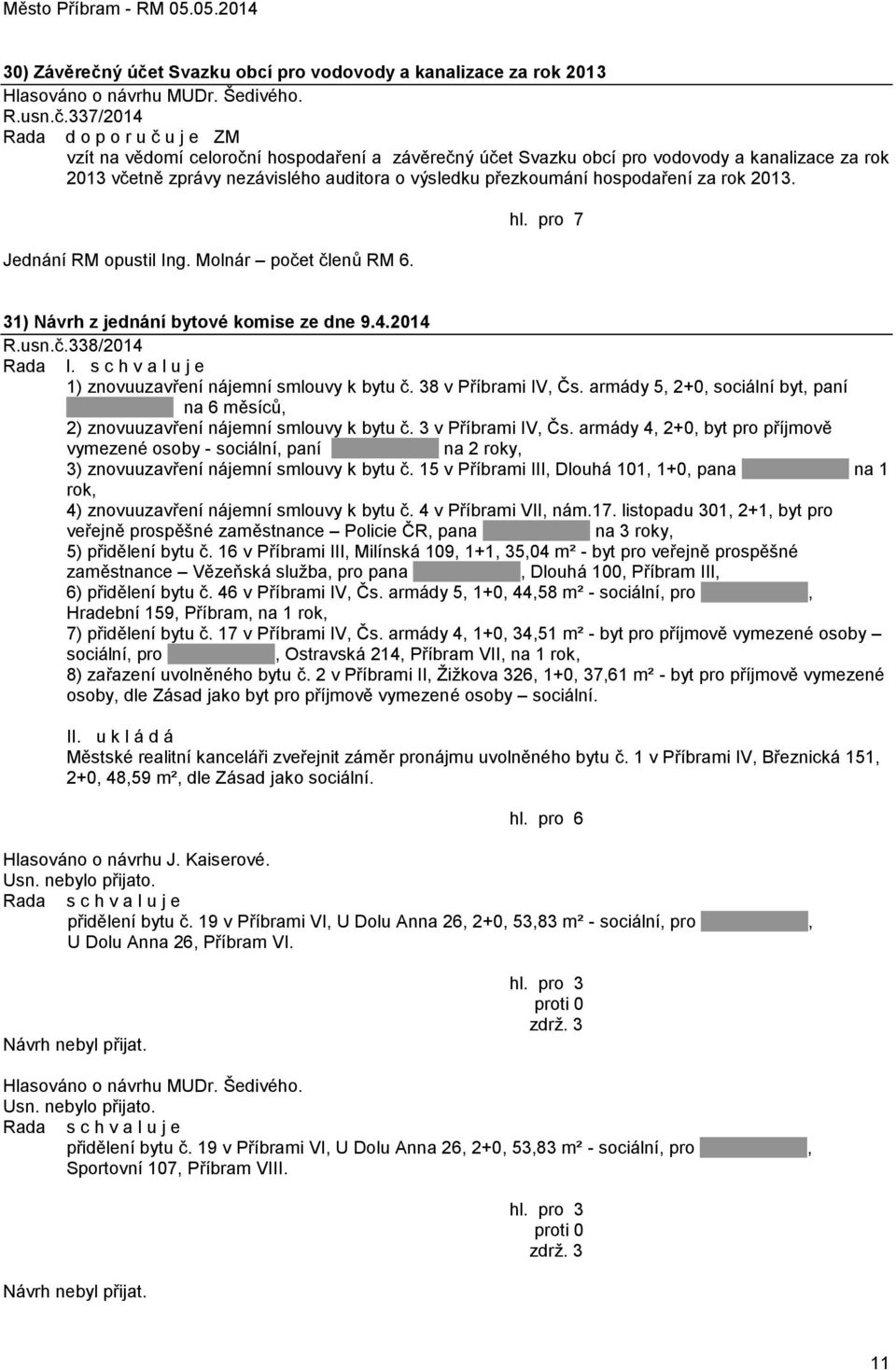 obcí pro vodovody a kanalizace za rok 2013 včetně zprávy nezávislého auditora o výsledku přezkoumání hospodaření za rok 2013. Jednání RM opustil Ing. Molnár počet členů RM 6.
