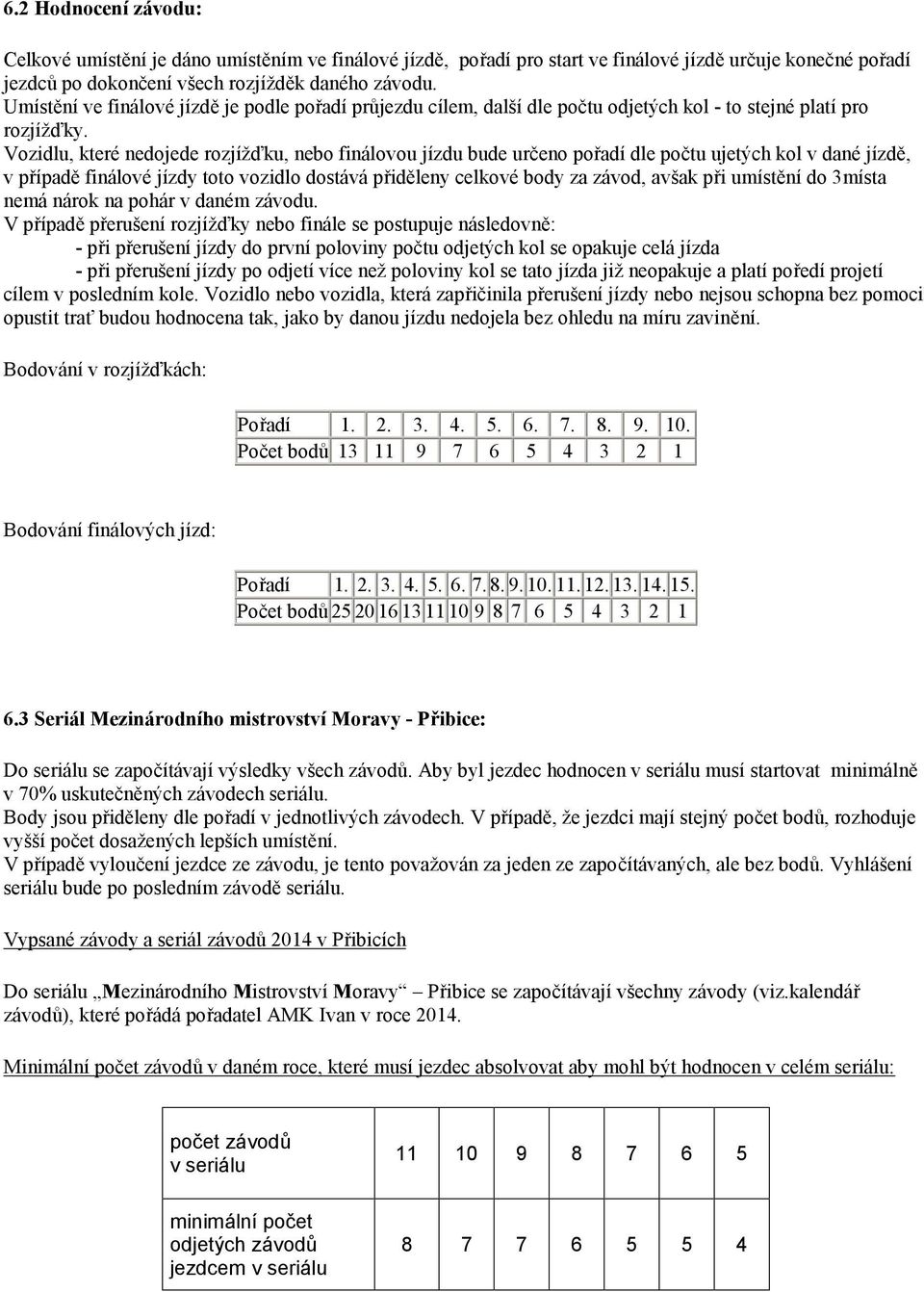 Vozidlu, které nedojede rozjížďku, nebo finálovou jízdu bude určeno pořadí dle počtu ujetých kol v dané jízdě, v případě finálové jízdy toto vozidlo dostává přiděleny celkové body za závod, avšak při