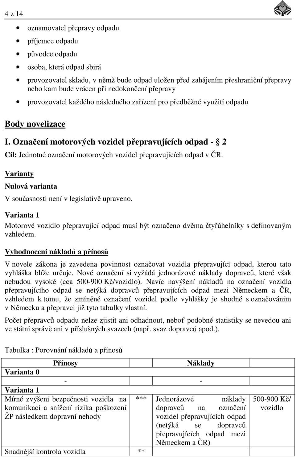 Označení motorových vozidel přepravujících odpad - 2 Cíl: Jednotné označení motorových vozidel přepravujících odpad v ČR. Varianty Nulová varianta V současnosti není v legislativě upraveno.