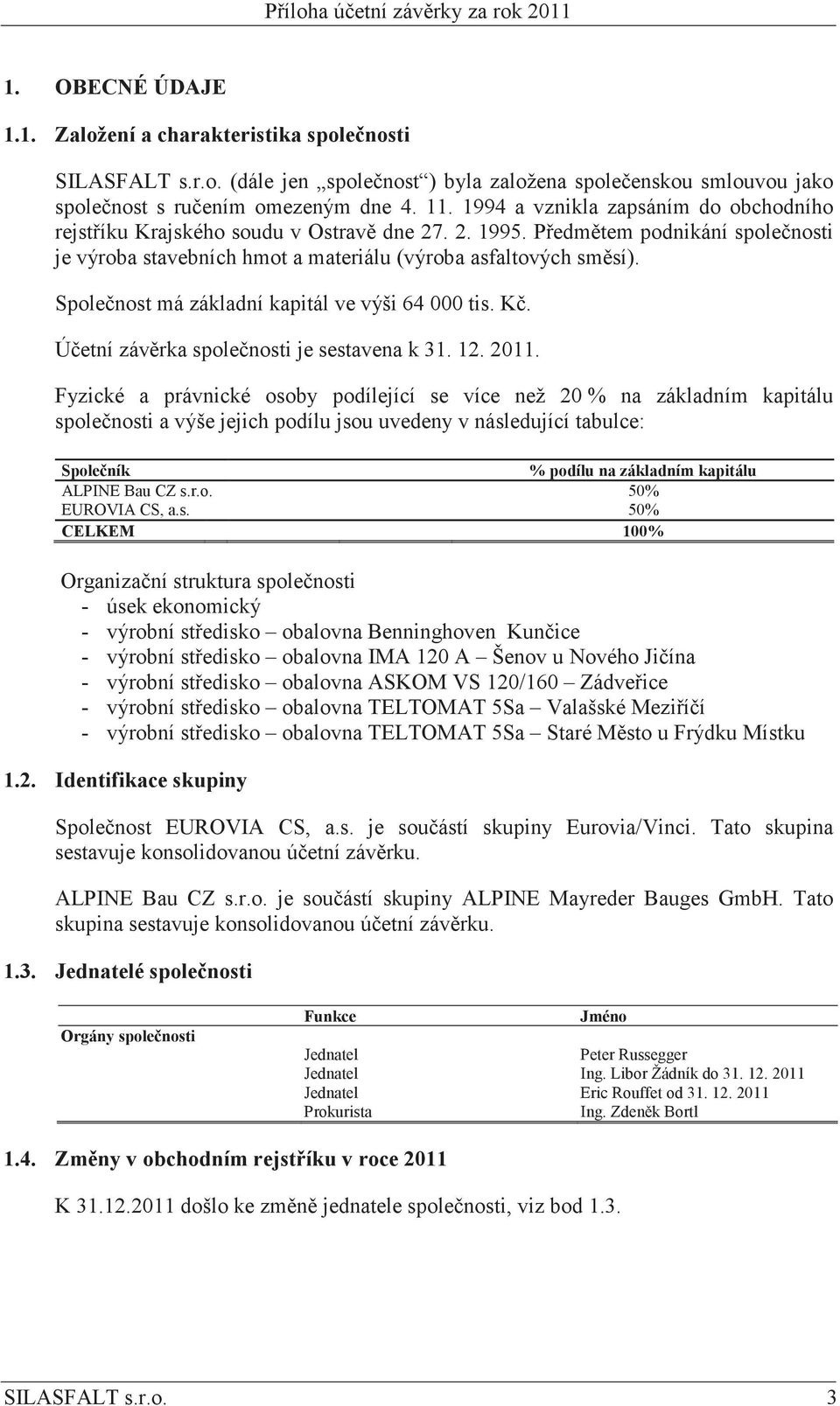 Spolenost má základní kapitál ve výši 64 000 tis. K. Úetní závrka spolenosti je sestavena k 31. 12. 2011.