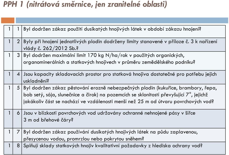 ? 1 3 Byl dodržen maximální limit 170 kg N/ha/rok v použitých organických, organominerálních a statkových hnojivech v průměru zemědělského podniku?