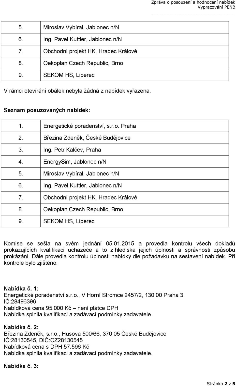 Petr Kalčev, Praha 4. EnergySim, Jablonec n/n  SEKOM HS, Liberec Komise se sešla na svém jednání 05.01.