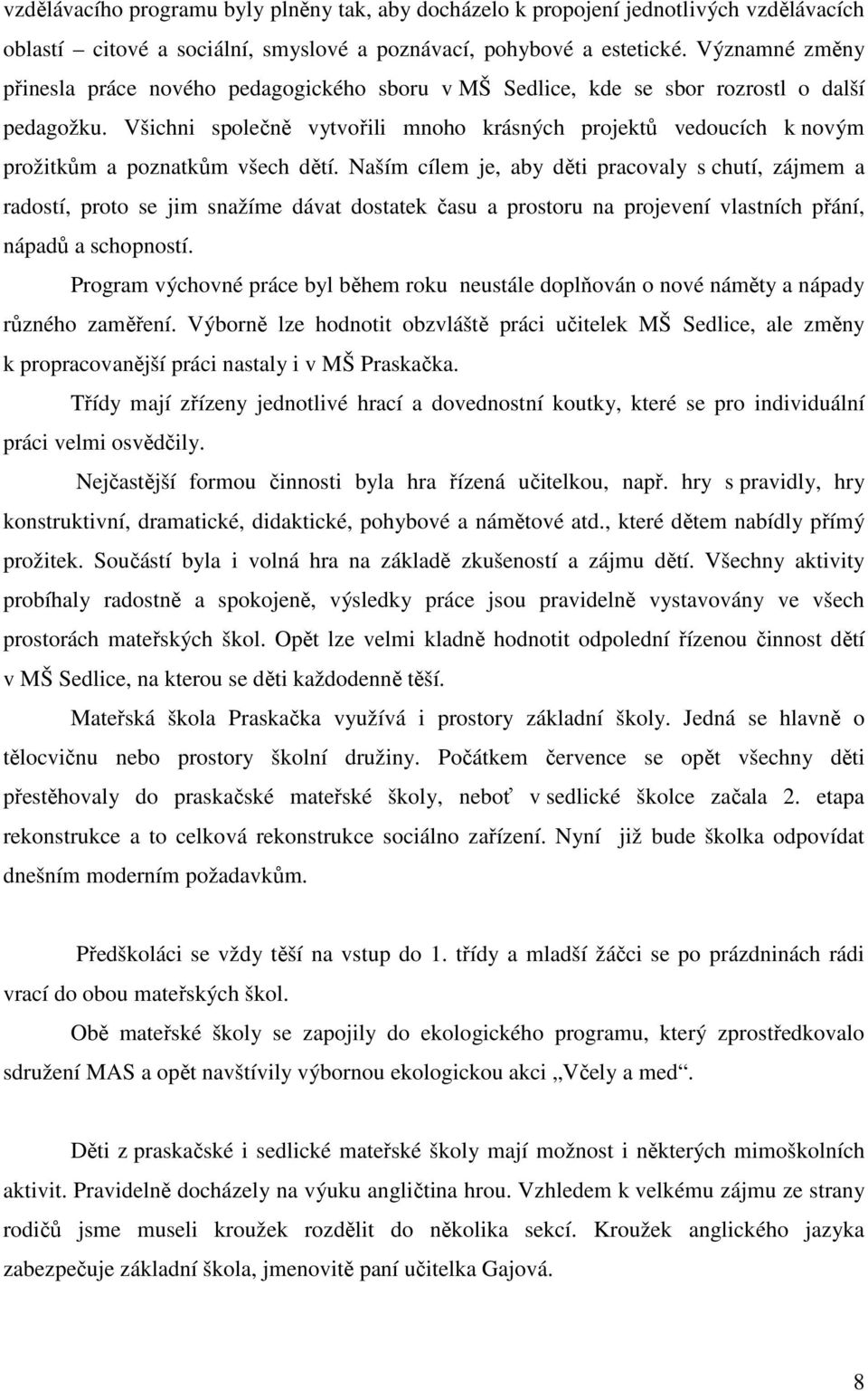 Všichni společně vytvořili mnoho krásných projektů vedoucích k novým prožitkům a poznatkům všech dětí.