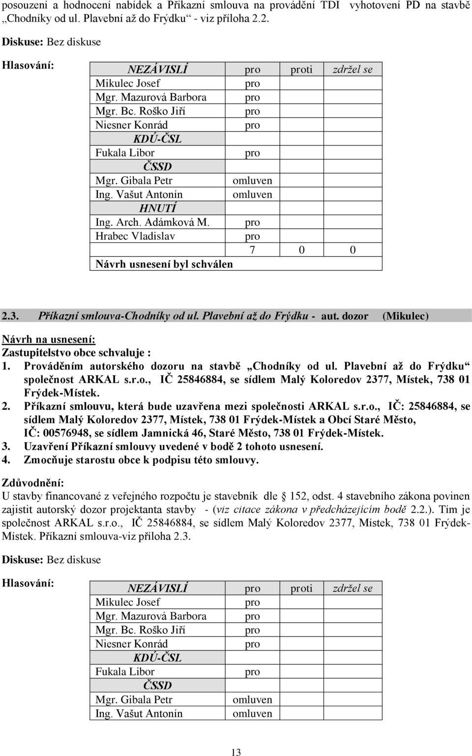 Prováděním autorského dozoru na stavbě Chodníky od ul. Plavební až do Frýdku společnost ARKAL s.r.o., IČ 25846884, se sídlem Malý Koloredov 2377, Místek, 738 01 Frýdek-Místek. 2. Příkazní smlouvu, která bude uzavřena mezi společnosti ARKAL s.