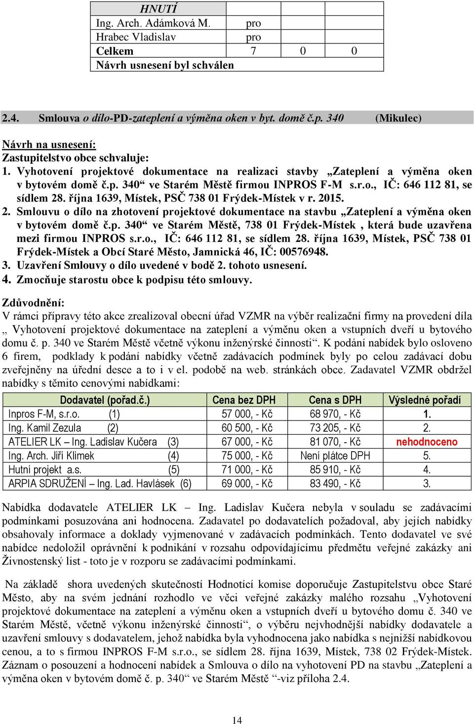 října 1639, Místek, PSČ 738 01 Frýdek-Místek v r. 2015. 2. Smlouvu o dílo na zhotovení jektové dokumentace na stavbu Zatepl