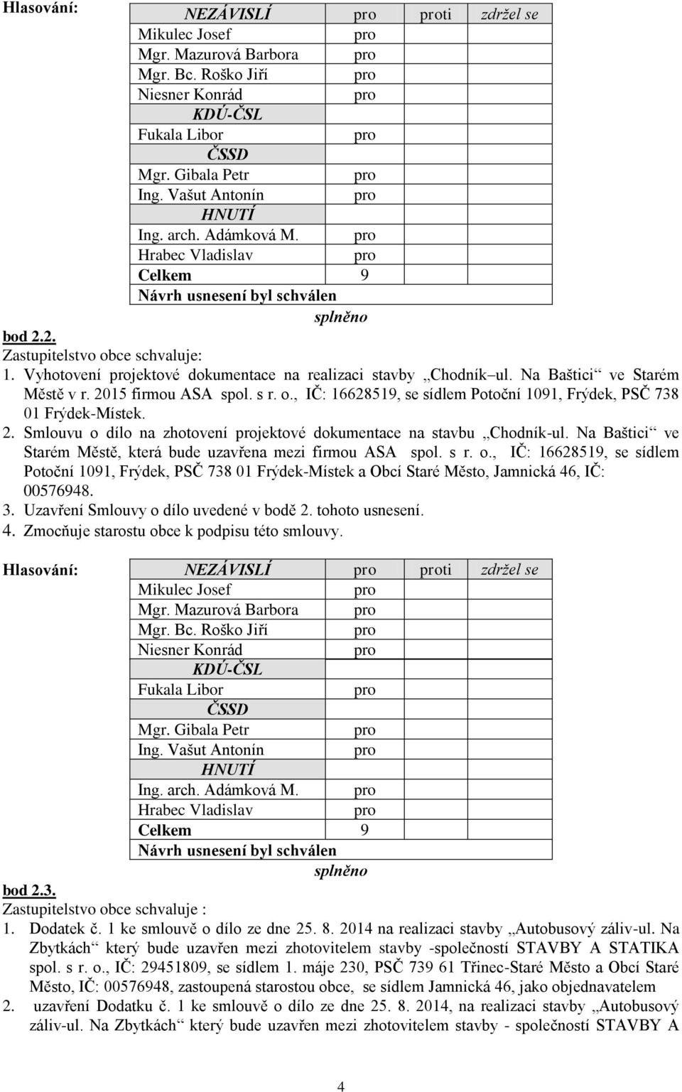 Na Baštici ve Starém Městě, která bude uzavřena mezi firmou ASA spol. s r. o., IČ: 16628519, se sídlem Potoční 1091, Frýdek, PSČ 738 01 Frýdek-Místek a Obcí Staré Město, Jamnická 46, IČ: 00576948. 3.