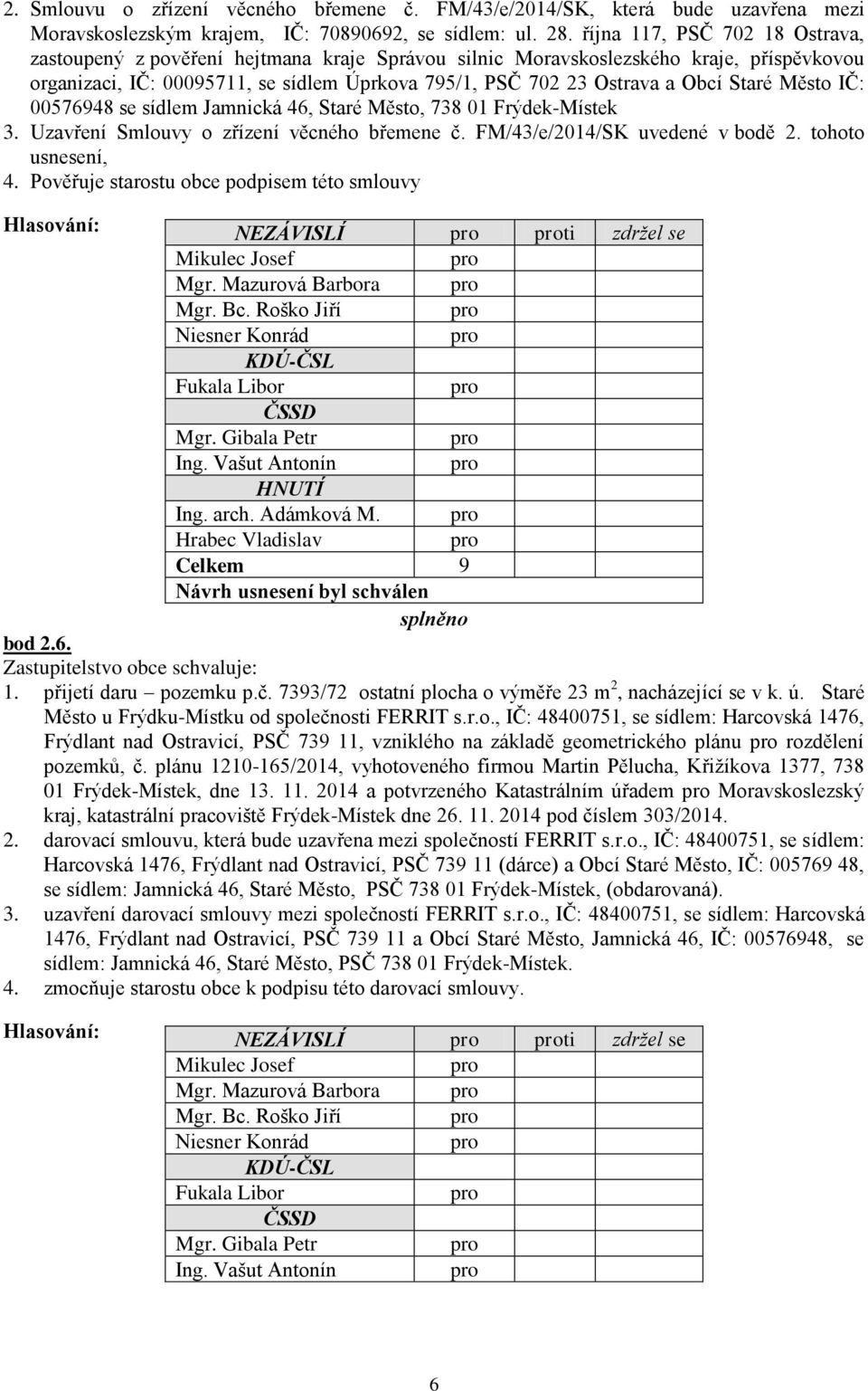 Staré Město IČ: 00576948 se sídlem Jamnická 46, Staré Město, 738 01 Frýdek-Místek 3. Uzavření Smlouvy o zřízení věcného břemene č. FM/43/e/2014/SK uvedené v bodě 2. tohoto usnesení, 4.