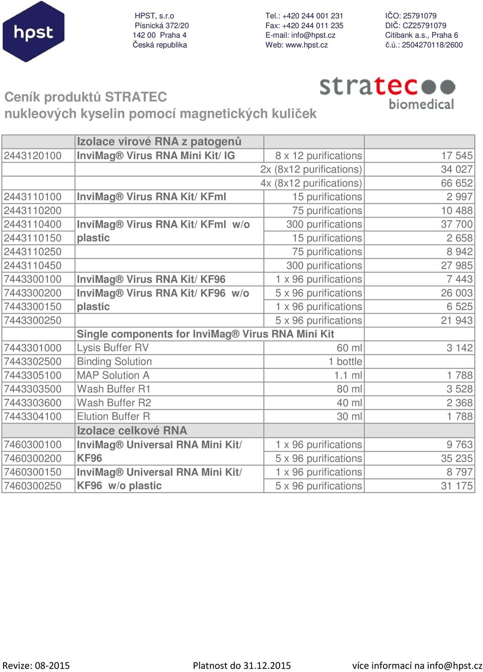 purifications 8 942 2443110450 300 purifications 27 985 7443300100 InviMag Virus RNA Kit/ KF96 1 x 96 purifications 7 443 7443300200 InviMag Virus RNA Kit/ KF96 w/o 5 x 96 purifications 26 003