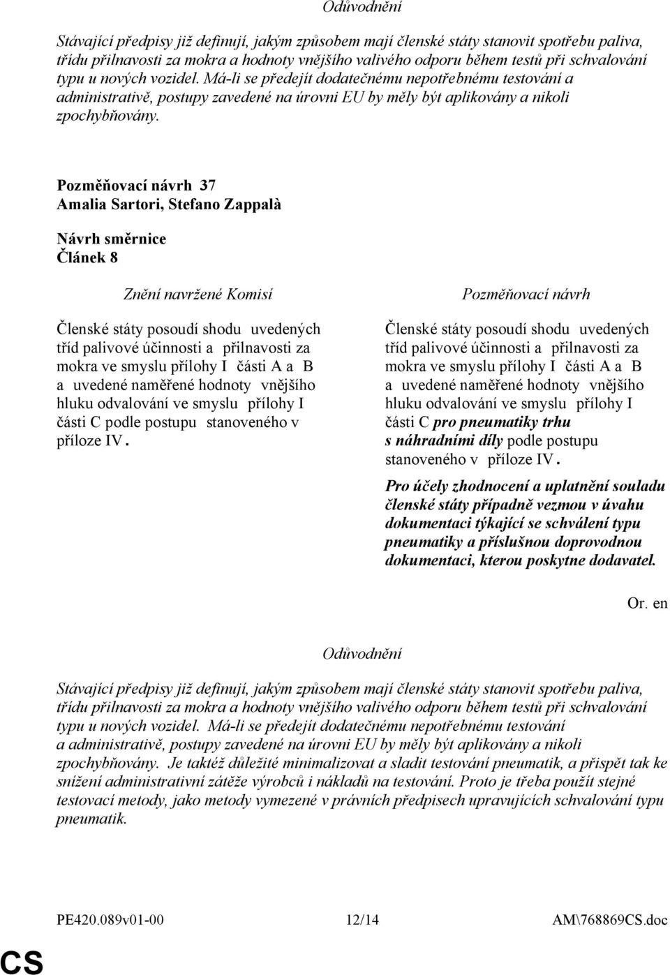 37 Amalia Sartori, Stefano Zappalà Článek 8 Členské státy posoudí shodu uvedených tříd palivové účinnosti a přilnavosti za mokra ve smyslu přílohy I části A a B a uvedené naměřené hodnoty vnějšího