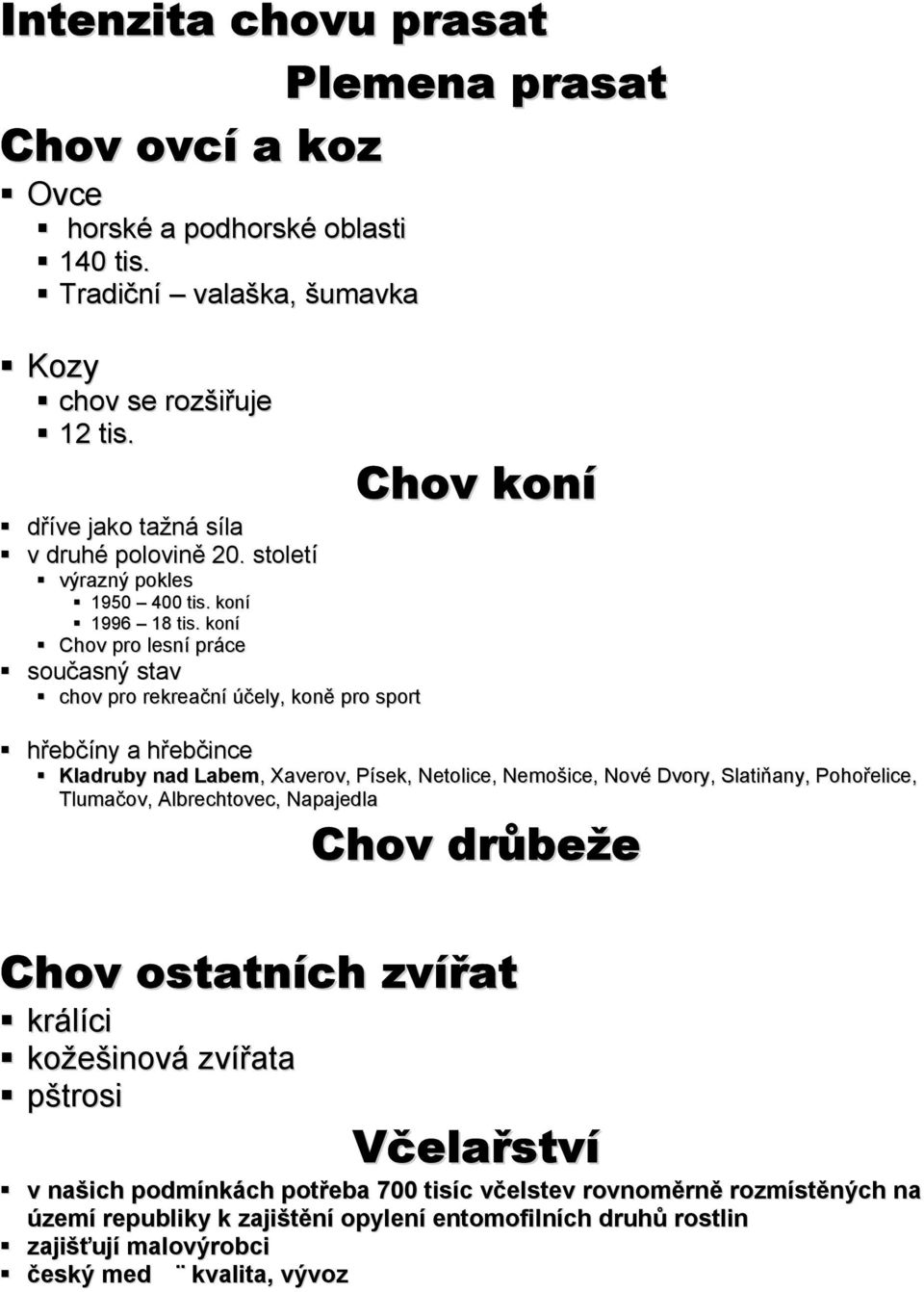 koní Chov pro lesní práce současný stav chov pro rekreační účely, koně pro sport Chov koní hřebčíny a hřebčince Kladruby nad Labem, Xaverov, Písek, Netolice, Nemošice, Nové Dvory,