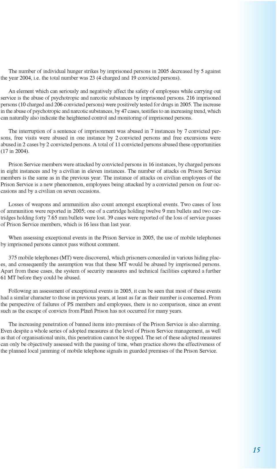 216 imprisoned persons (10 charged and 206 convicted persons) were positively tested for drugs in 2005.