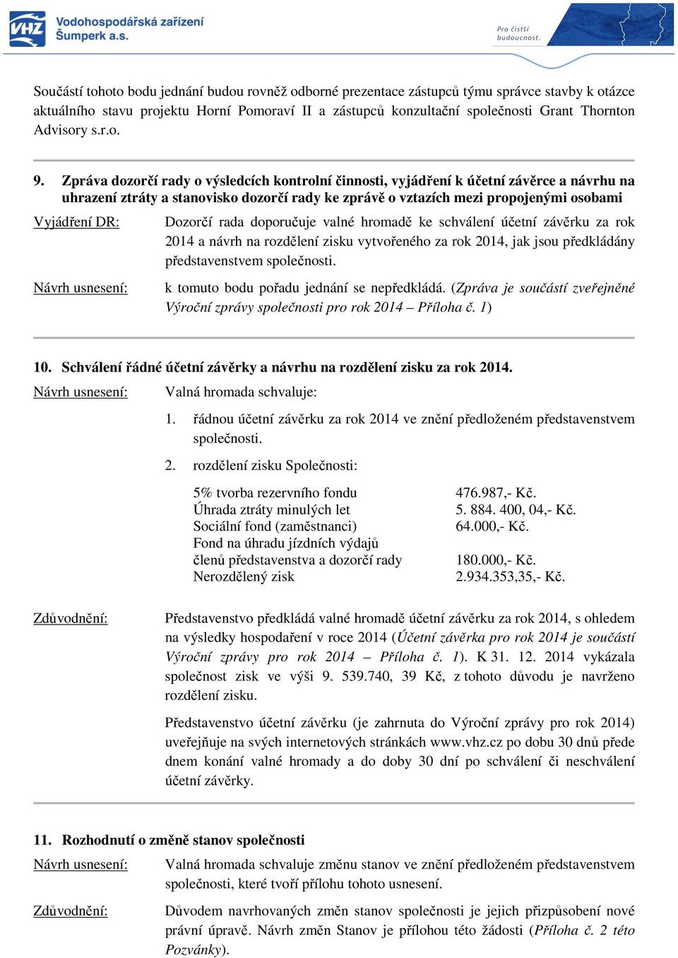 Zpráva dozorčí rady o výsledcích kontrolní činnosti, vyjádření k účetní závěrce a návrhu na uhrazení ztráty a stanovisko dozorčí rady ke zprávě o vztazích mezi propojenými osobami Vyjádření DR: