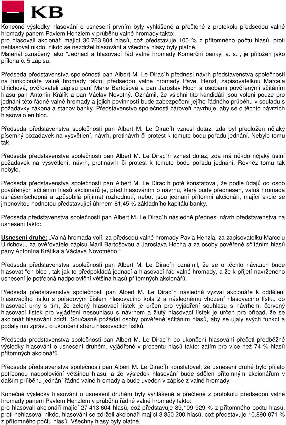 Materiál označený jako "Jednací a hlasovací řád valné hromady Komerční banky, a. s.", je přiložen jako příloha č. 5 zápisu. Předseda představenstva společnosti pan Albert M.