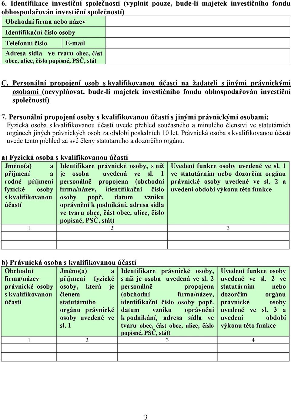 Personální propojení osob s kvalifikovanou účastí na žadateli s jinými právnickými osobami (nevyplňovat, bude-li majetek investičního fondu obhospodařován investiční společností) 7.