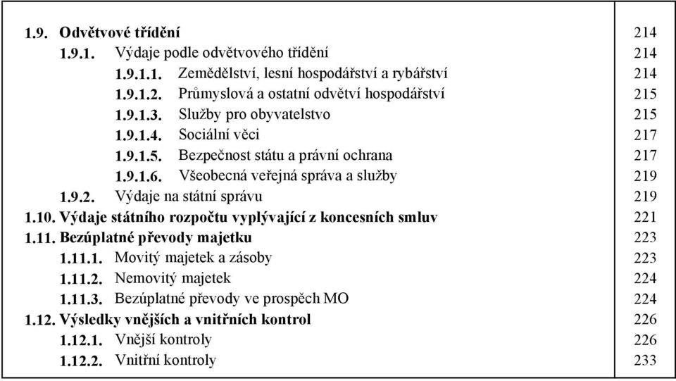 10. Výdaje státního rozpočtu vyplývající z koncesních smluv 221 1.11. Bezúplatné převody majetku 223 1.11.1. Movitý majetek a zásoby 223 1.11.2. Nemovitý majetek 224 1.11.3. Bezúplatné převody ve prospěch MO 224 1.