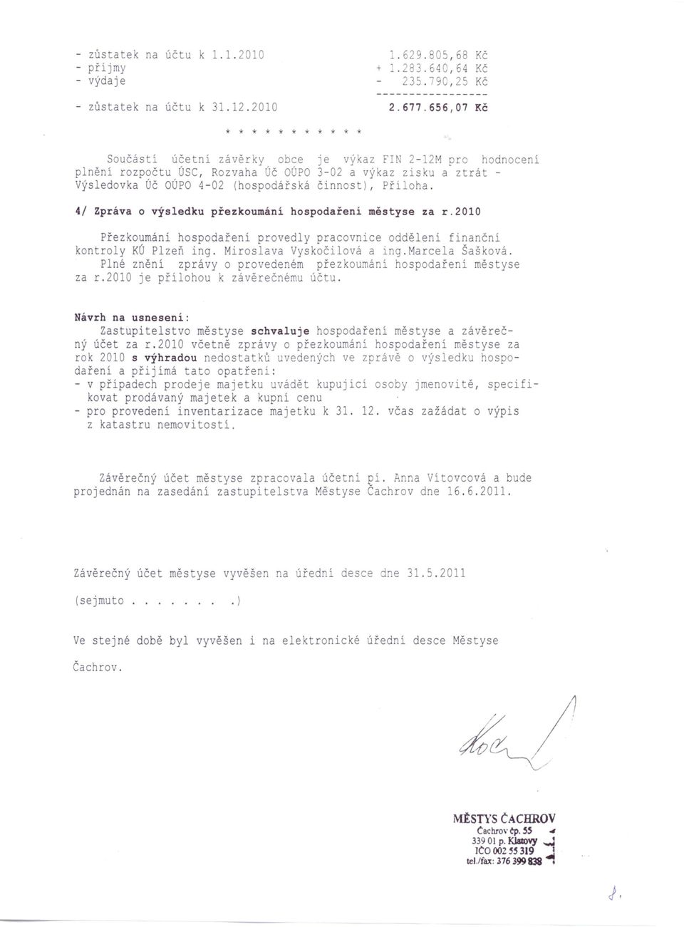 činnost), Příloha. 4/ Zpráva o výsledku přezkoumání hospodaření městyse za r.2010 Přezkoumání hospodaření provedly pracovnice oddělení finanční kontroly KÚ Plzeň ing. Miroslava Vyskoči1ová a ing.