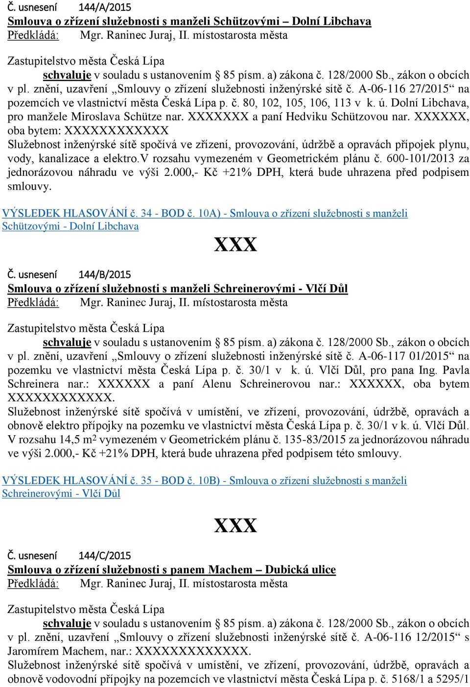 znění, uzavření Smlouvy o zřízení služebnosti inženýrské sítě č. A-06-116 27/2015 na pozemcích ve vlastnictví města Česká Lípa p. č. 80, 102, 105, 106, 113 v k. ú.