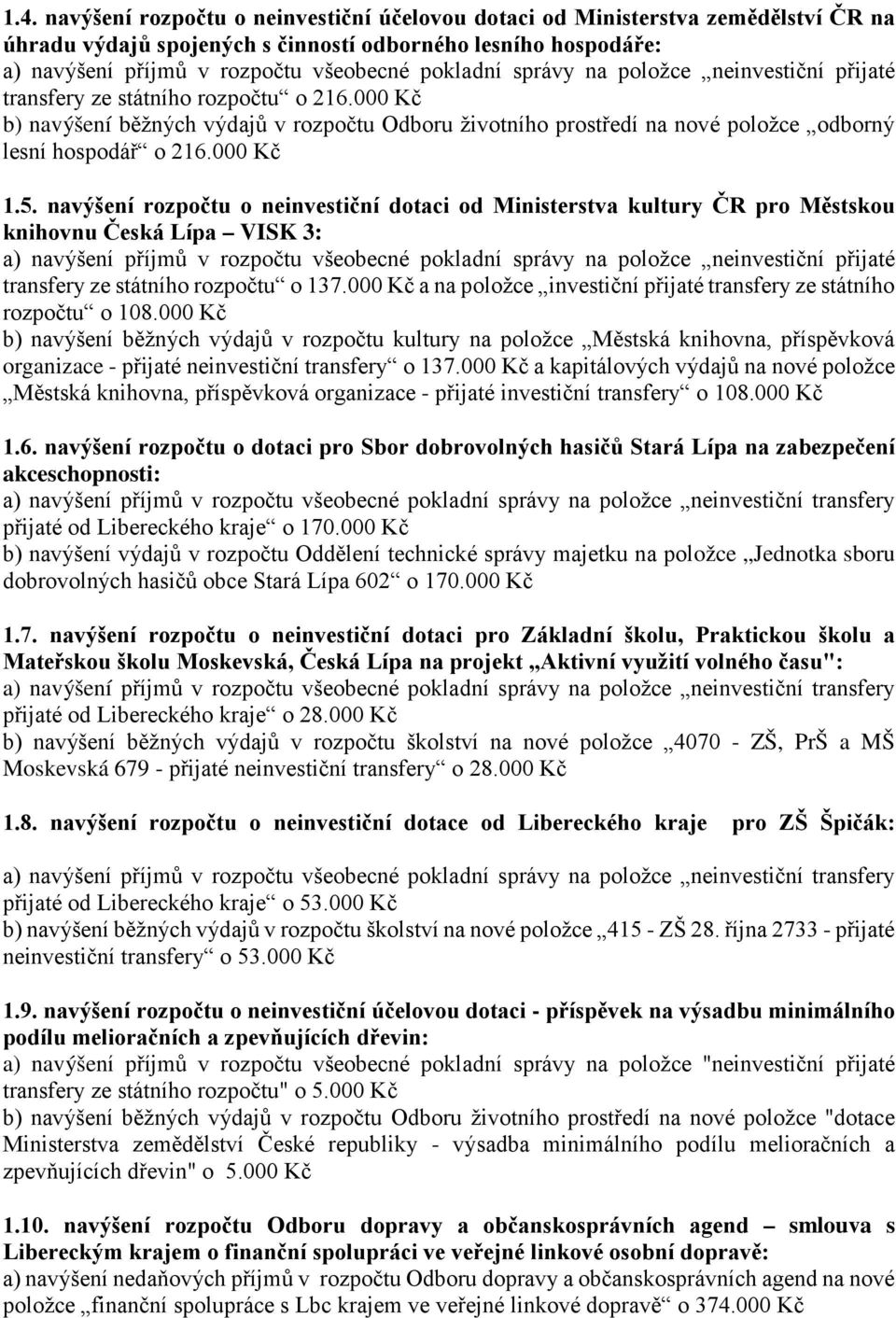 000 Kč b) navýšení běžných výdajů v rozpočtu Odboru životního prostředí na nové položce odborný lesní hospodář o 216.000 Kč 1.5.