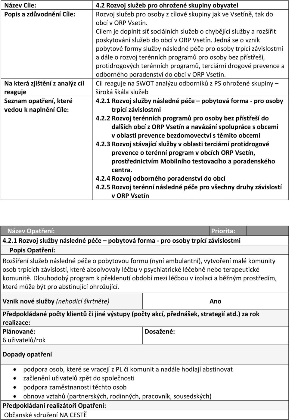 Cílem je doplnit síť sociálních služeb o chybějící služby a rozšířit poskytování služeb do obcí v ORP Vsetín.