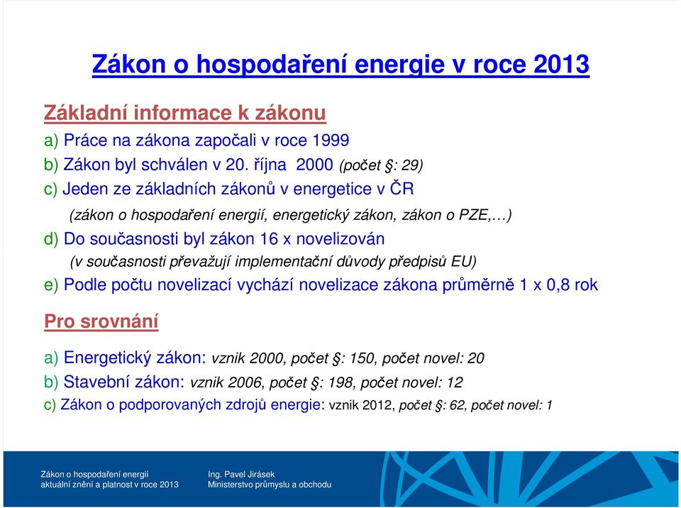 16 x novelizován (v současnosti převažují implementační důvody předpisů EU) e) Podle počtu novelizací vychází novelizace zákona průměrně 1 x 0,8 rok Pro srovnání a)