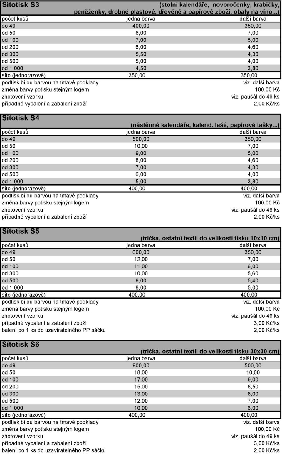 ..) do 49 500,00 350,00 od 50 10,00 7,00 od 100 9,00 5,00 od 200 8,00 4,60 od 300 7,00 4,30 od 500 6,00 4,00 od 1 000 5,00 3,80 Sítotisk S5 (trička, ostatní textil do velikosti tisku 10x10 cm) do 49