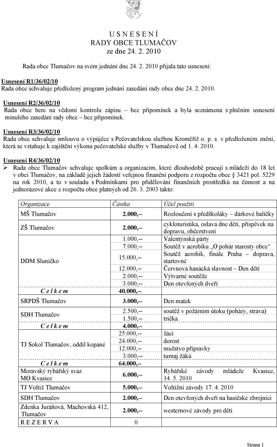 Usnesení R3/36/02/10 Rada obce schvaluje smlouvu o výpůjčce s Pečovatelskou službou Kroměříž o. p. s. v předloženém znění, která se vztahuje k zajištění výkonu pečovatelské služby v Tlumačově od 1. 4.