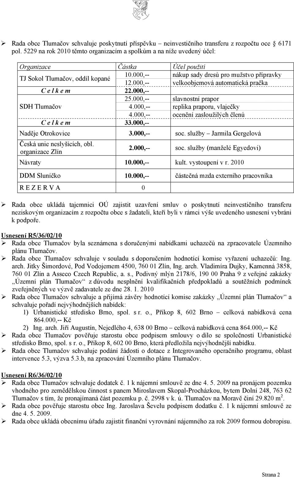 000,-- velkoobjemová automatická pračka C e l k e m 22.000,-- 25.000,-- slavnostní prapor SDH Tlumačov 4.000,-- replika praporu, vlaječky 4.000,-- ocenění zasloužilých členů C e l k e m 33.