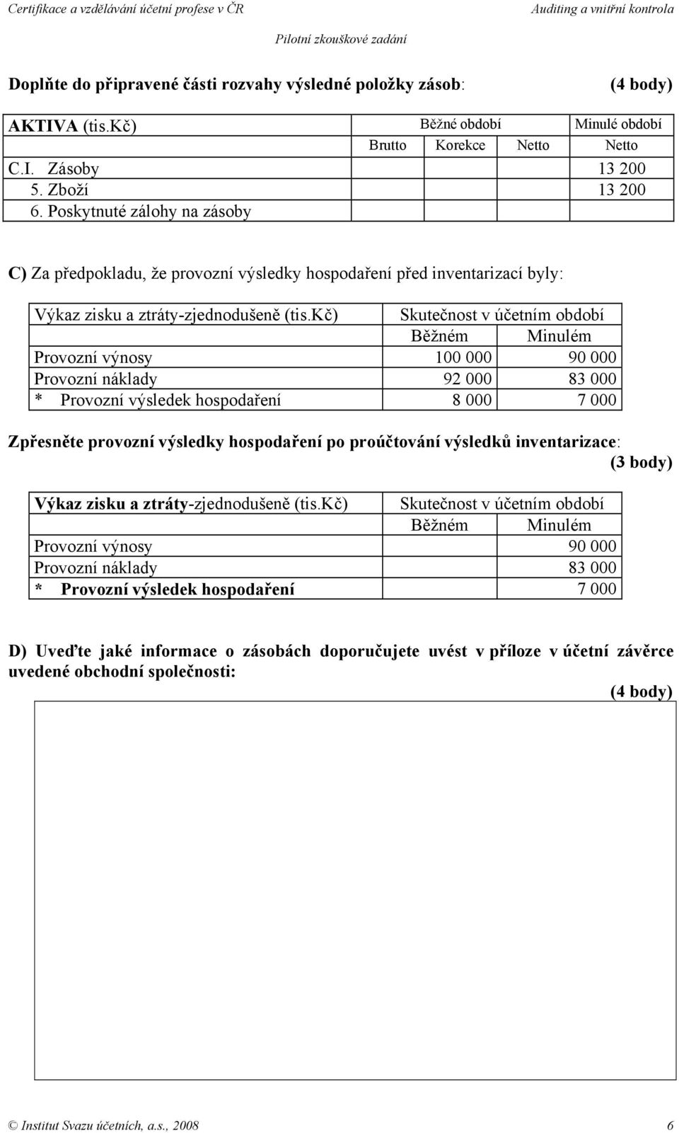 kč) Skutečnost v účetním období Běžném Minulém Provozní výnosy 100 000 90 000 Provozní náklady 92 000 83 000 * Provozní výsledek hospodaření 8 000 7 000 Zpřesněte provozní výsledky hospodaření po