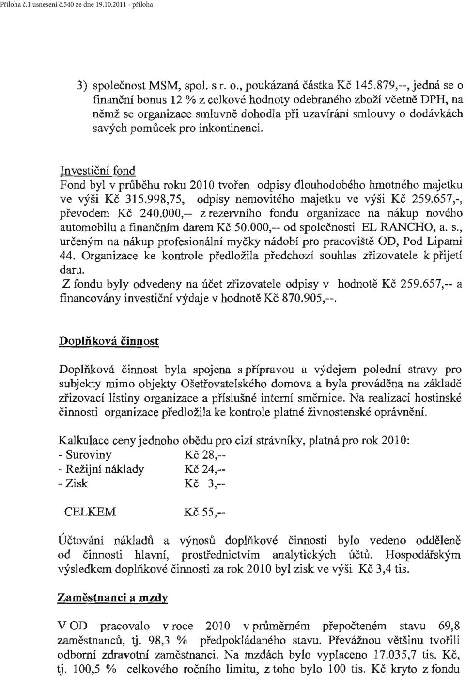 Investiční fond Fond byl v průběhu roku 2010 tvořen odpisy dlouhodobého hmotného majetku ve výši Kč 315.998,75, odpisy nemovitého majetku ve výši Kč 259.657,-, převodem Kč 240.