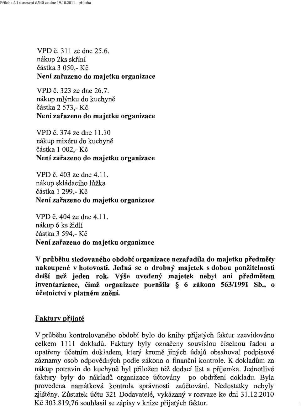 Jedná se o drobný majetek s dobou použitelnosti delší než jeden rok. Výše uvedený majetek nebyl ani p ředmětem inventarizace, čímž organizace porušila 6 zákona 563/1991 Sb.