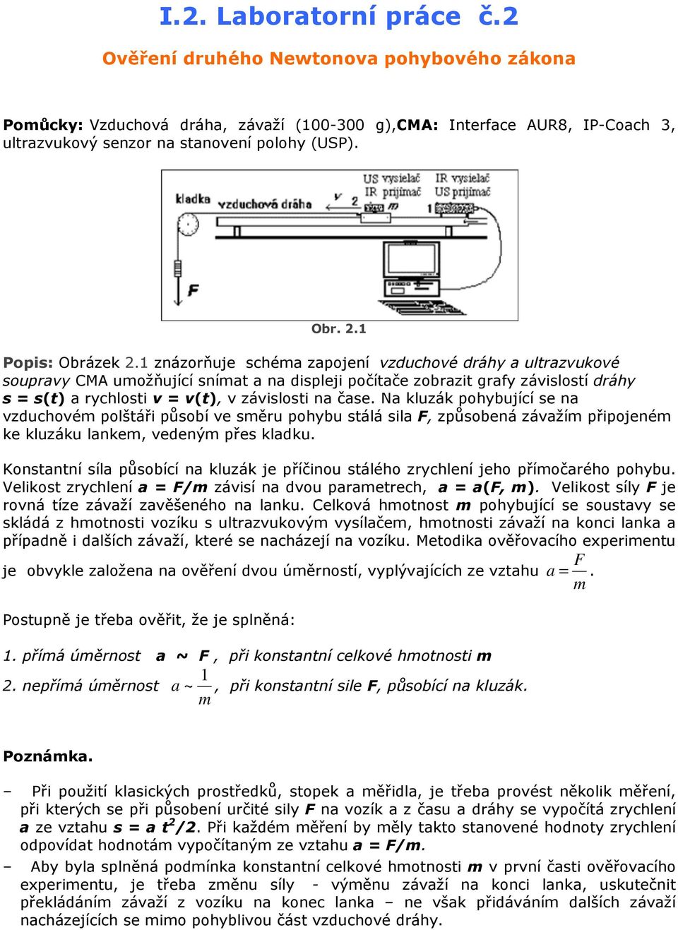 1 znázorňuje schéma zapojení vzduchové dráhy a ultrazvukové soupravy CMA umožňující snímat a na displeji počítače zobrazit grafy závislostí dráhy s = s(t) a rychlosti v = v(t), v závislosti na čase.