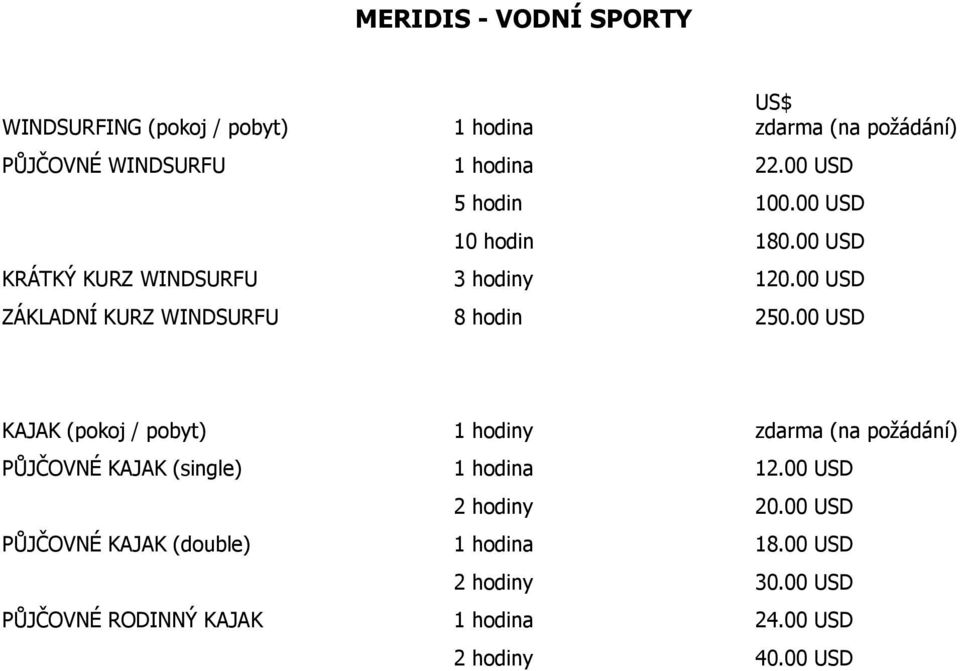 00 USD ZÁKLADNÍ KURZ WINDSURFU 8 hodin 250.