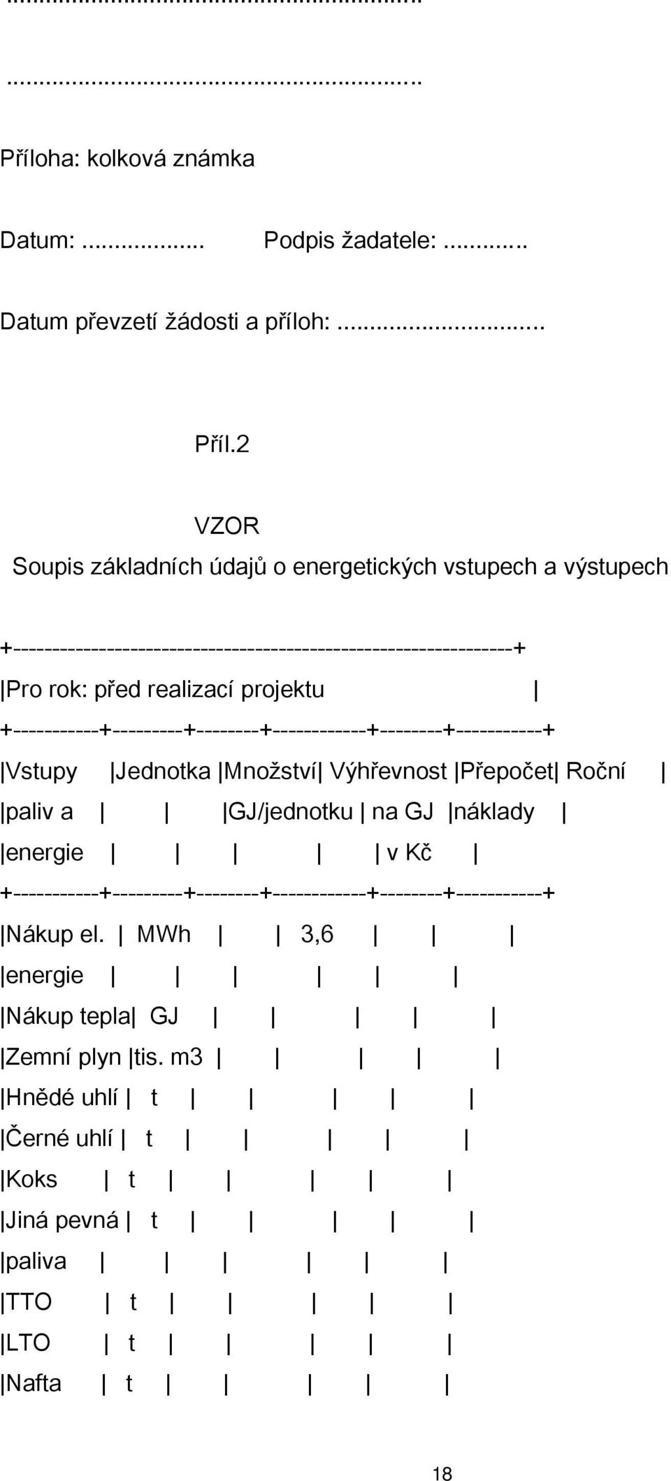 2 VZOR Soupis základních údajů o energetických vstupech a výstupech +----------------------------------------------------------------+ Pro rok: před realizací