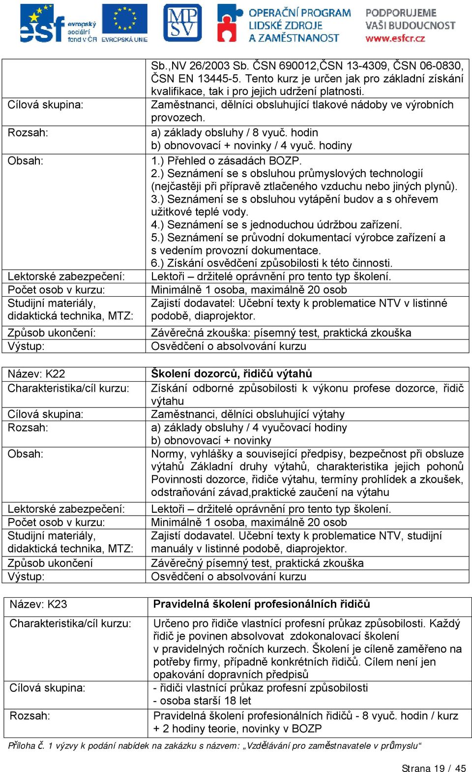 Zaměstnanci, dělníci obsluhující tlakové nádoby ve výrobních provozech. a) základy obsluhy / 8 vyuč. hodin b) obnovovací + novinky / 4 vyuč. hodiny 1.) Přehled o zásadách BOZP. 2.