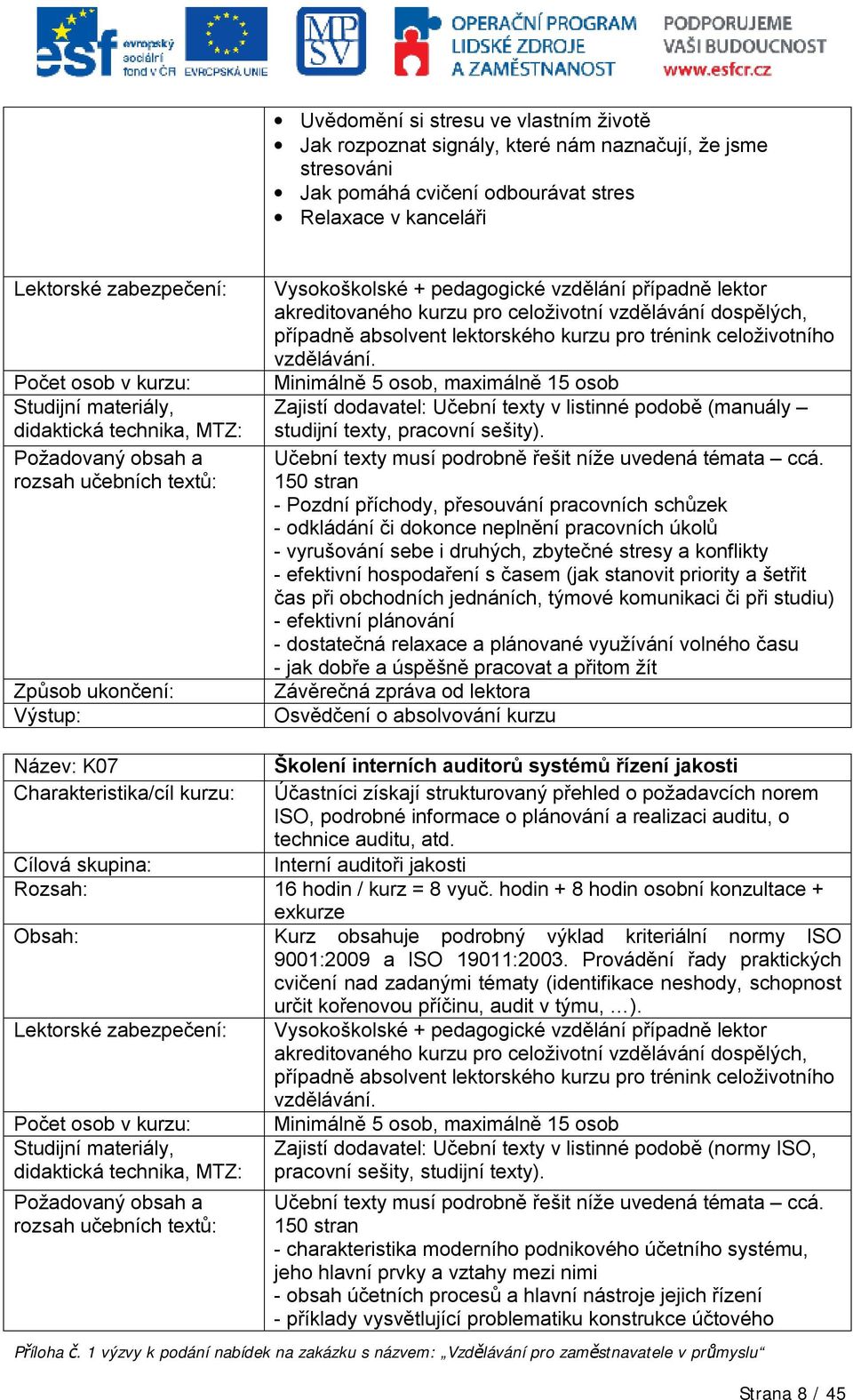 vzdělávání. Minimálně 5 osob, maximálně 15 osob Zajistí dodavatel: Učební texty v listinné podobě (manuály studijní texty, pracovní sešity). Učební texty musí podrobně řešit níže uvedená témata ccá.