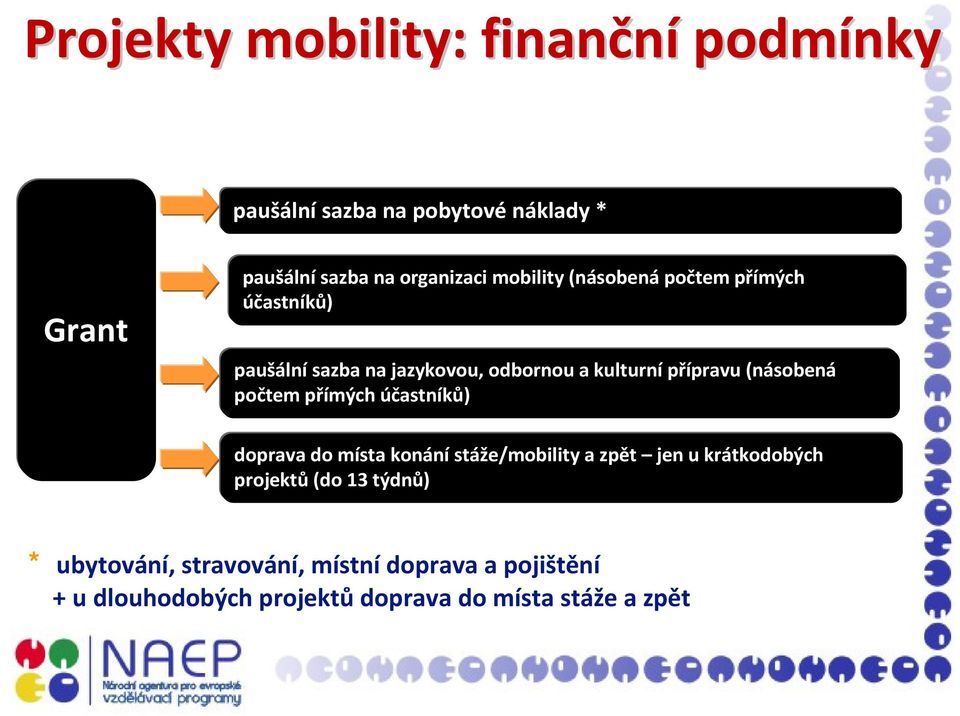 (násobená počtem přímých účastníků) doprava do místa konánístáže/mobility a zpět jen u krátkodobých