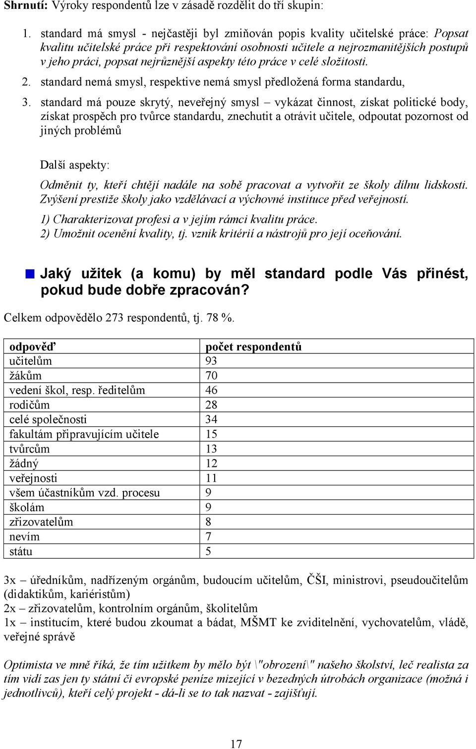 nejrůznější aspekty této práce v celé složitosti. 2. standard nemá smysl, respektive nemá smysl předložená forma standardu, 3.