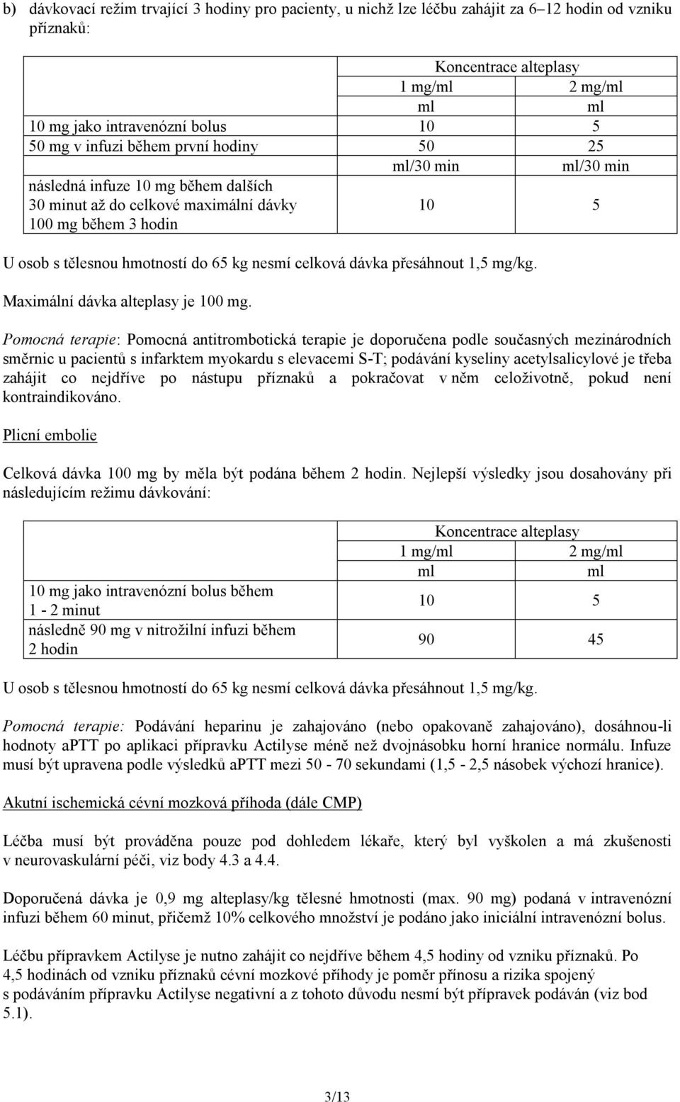 přesáhnout 1,5 mg/kg. Maximální dávka alteplasy je 100 mg.