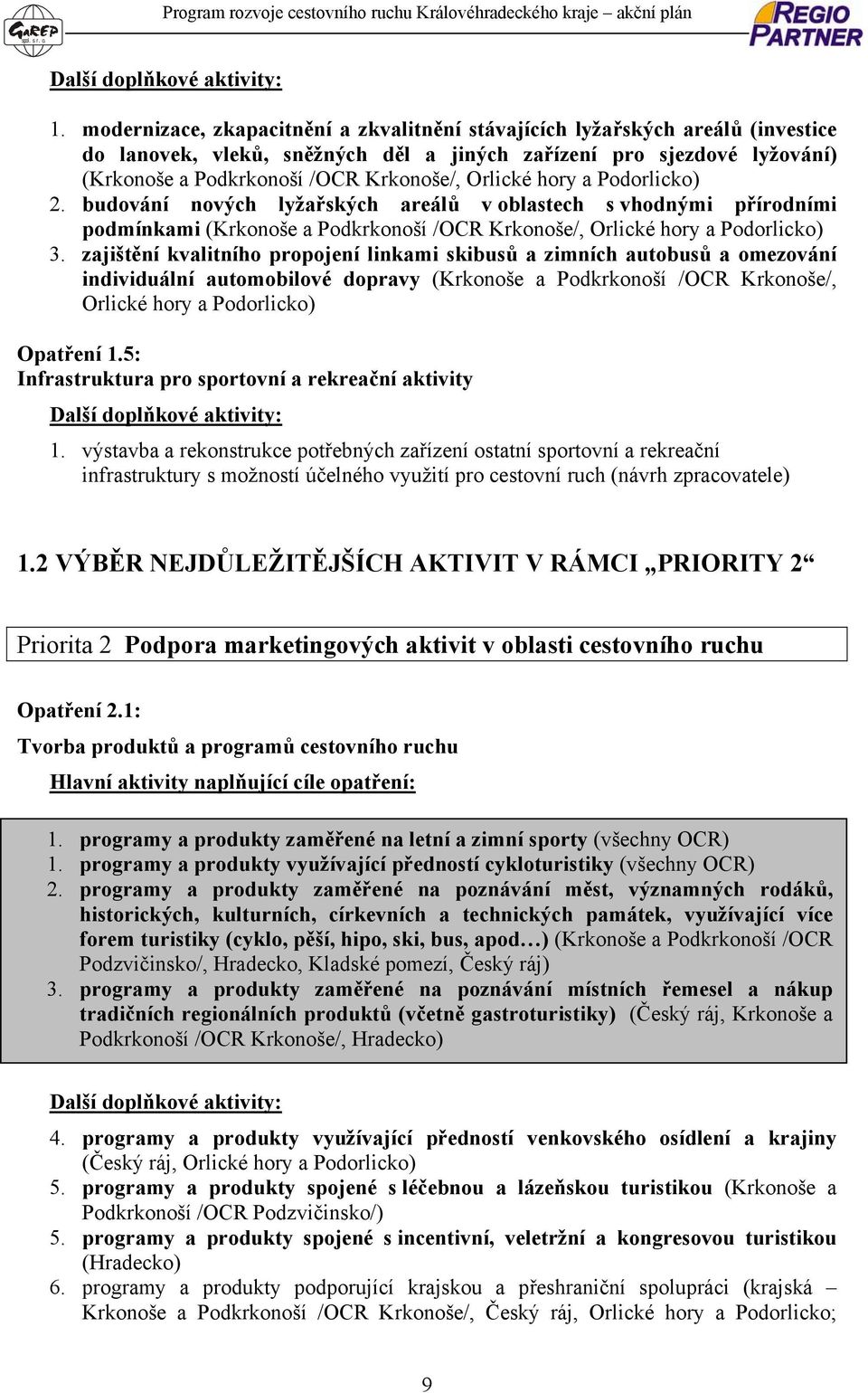 Orlické hory a Podorlicko) 2. budování nových lyžařských areálů v oblastech s vhodnými přírodními podmínkami (Krkonoše a Podkrkonoší /OCR Krkonoše/, Orlické hory a Podorlicko) 3.