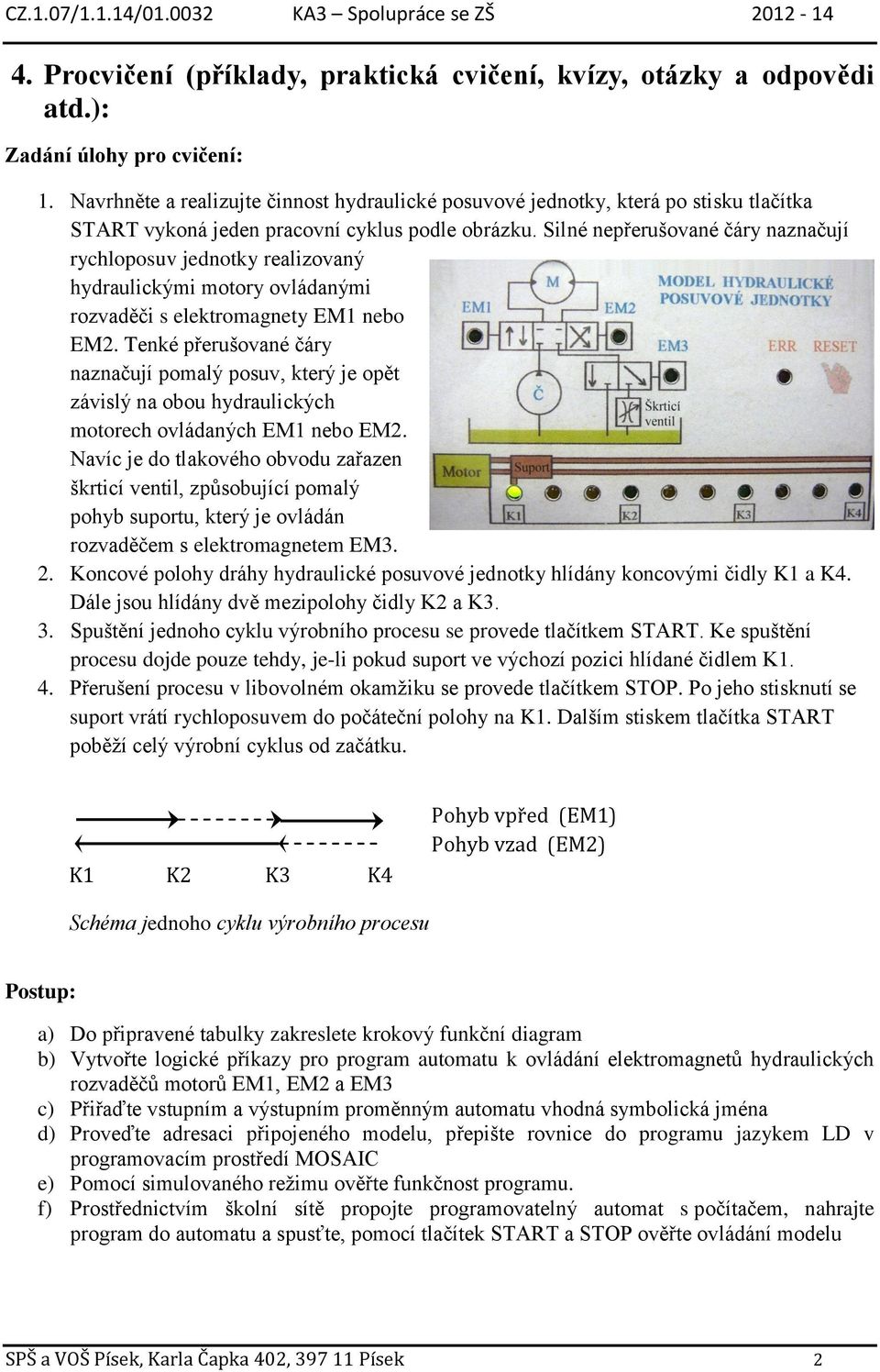 Silné nepřerušované čáry naznačují rychloposuv jednotky realizovaný hydraulickými motory ovládanými rozvaděči s elektromagnety EM1 nebo EM2.