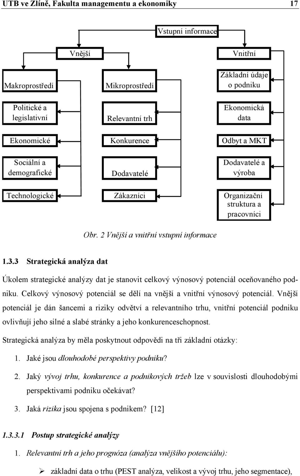 3 Strategická analýza dat Úkolem strategické analýzy dat je stanovit celkový výnosový potenciál oceňovaného podniku. Celkový výnosový potenciál se dělí na vnější a vnitřní výnosový potenciál.