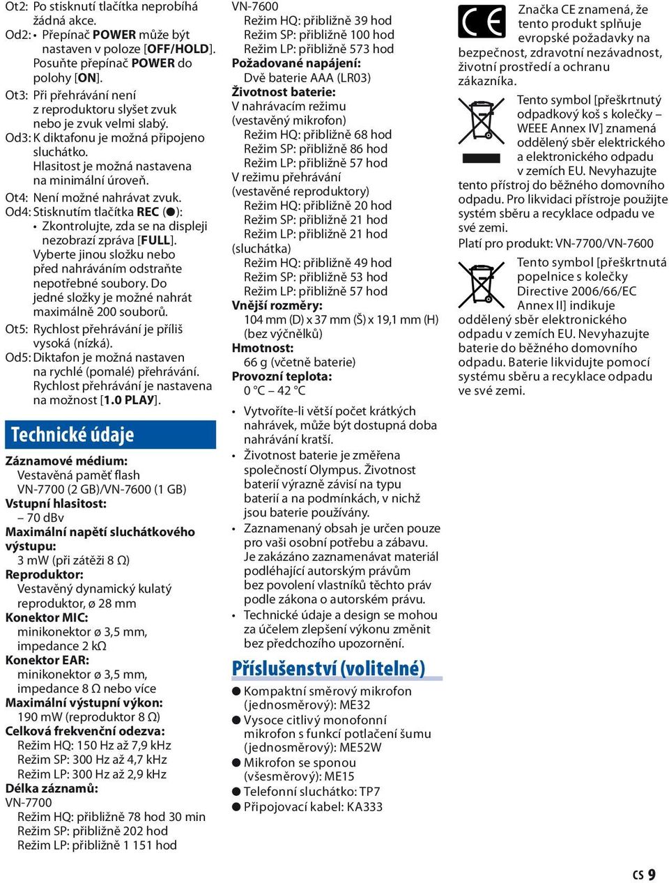 Ot4: Není možné nahrávat zvuk. Od4: Stisknutím tlačítka REC (s): Zkontrolujte, zda se na displeji nezobrazí zpráva [FULL]. Vyberte jinou složku nebo před nahráváním odstraňte nepotřebné soubory.