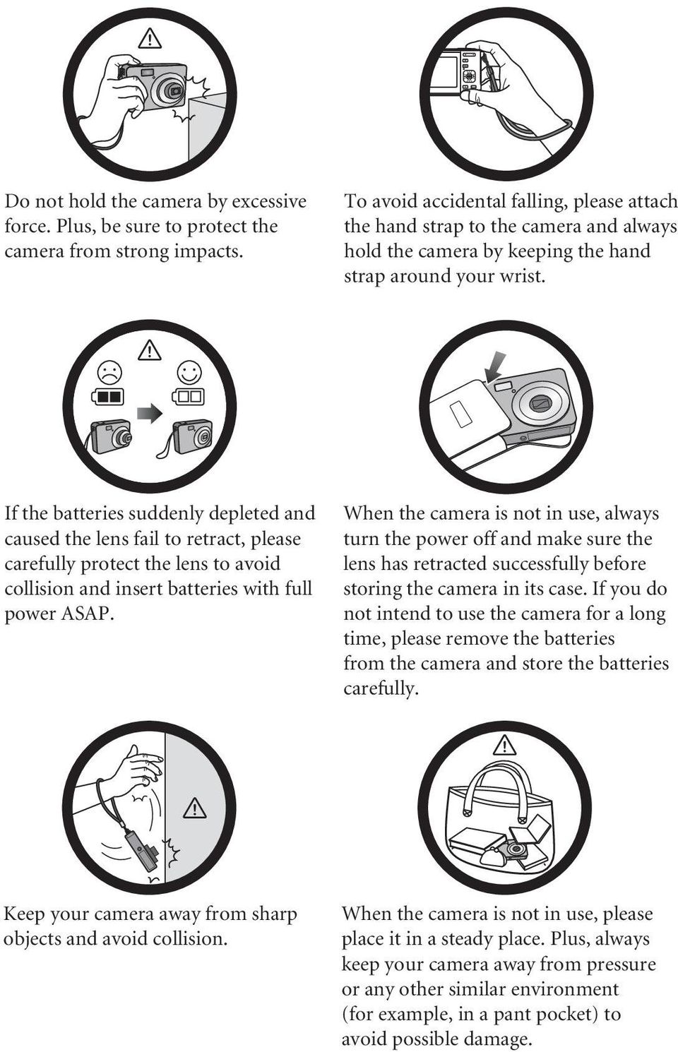 If the batteries suddenly depleted and caused the lens fail to retract, please carefully protect the lens to avoid collision and insert batteries with full power ASAP.