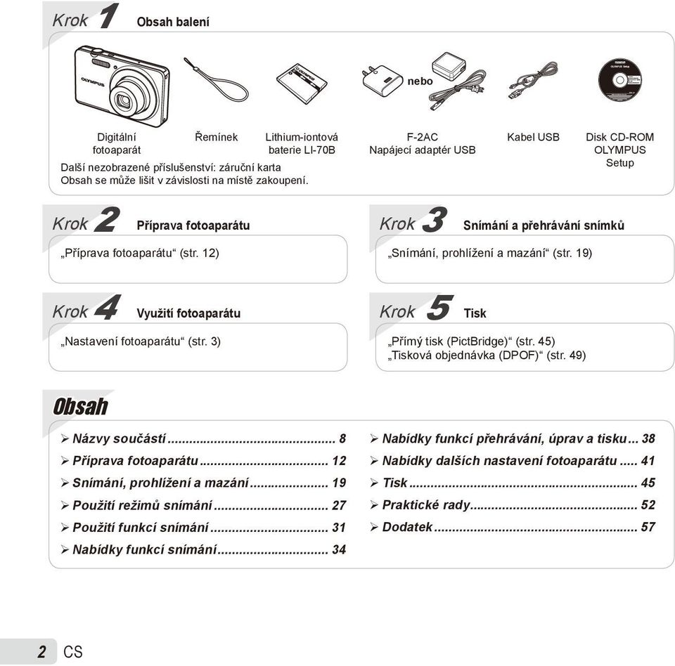 19) Krok 4 Využití fotoaparátu Nastavení fotoaparátu (str. 3) Krok 5 Tisk Přímý tisk (PictBridge) (str. 45) Tisková objednávka (DPOF) (str. 49) Obsah Názvy součástí... 8 Příprava fotoaparátu.