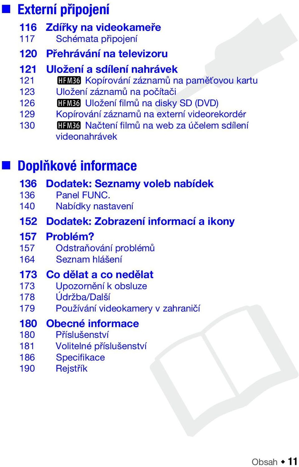 136 Dodatek: Seznamy voleb nabídek 136 Panel FUNC. 140 Nabídky nastavení 152 Dodatek: Zobrazení informací a ikony 157 Problém?