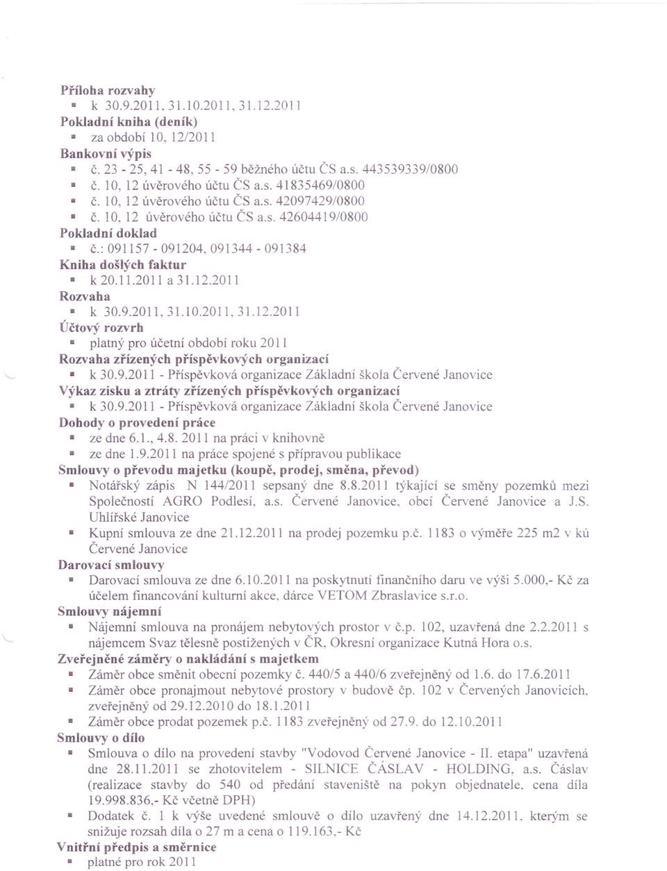 9.2011. 31.10.2011, 31.12.2011 Účtový rozvrh platný pro účetní období roku 201 1 Rozvaha zřízených příspěvkových organizací k 30.9.2011 - Příspěvková organizace Základní škola Červené Janovice Výkaz zisku a ztráty zřízených příspěvkových organizací k 30.