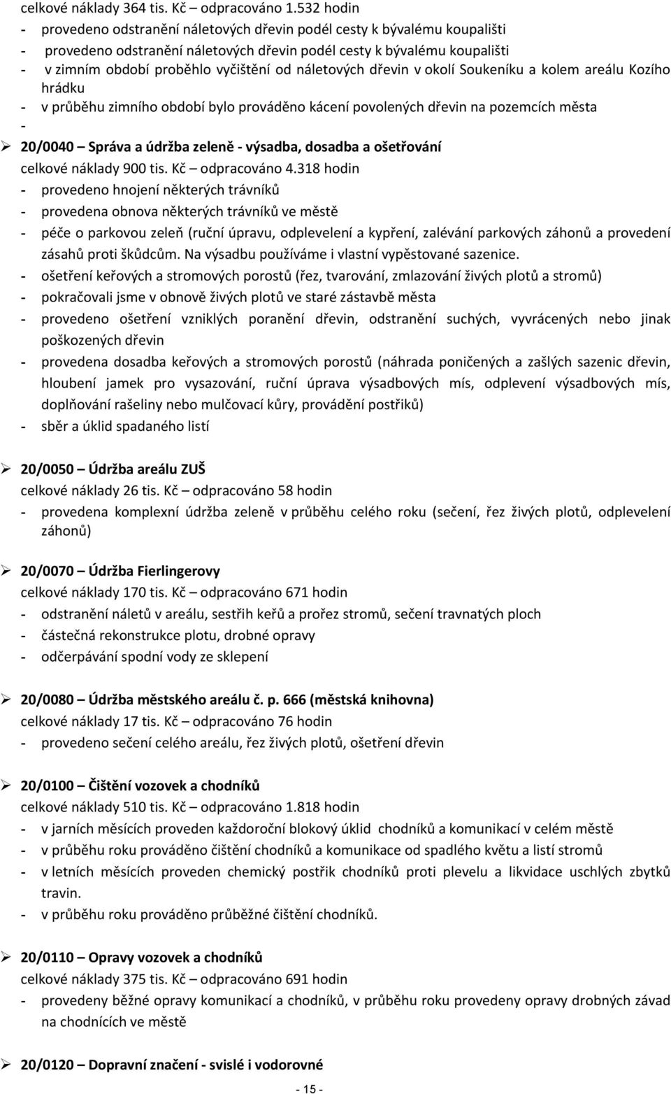 náletových dřevin v okolí Soukeníku a kolem areálu Kozího hrádku - v průběhu zimního období bylo prováděno kácení povolených dřevin na pozemcích města - 20/0040 Správa a údržba zeleně - výsadba,