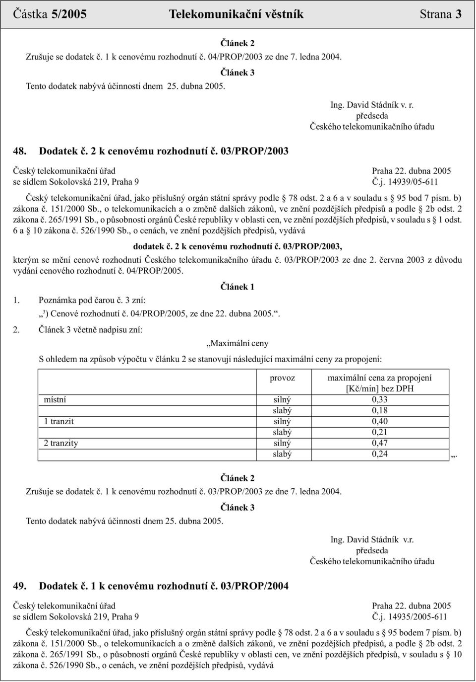 dubna 2005 se sídlem Sokolovská 219, Praha 9 È.j. 14939/05-611 Èeský telekomunikaèní úøad, jako pøíslušný orgán státní správy podle 78 odst. 2 a 6 a v souladu s 95 bod 7 písm. b) zákona è.